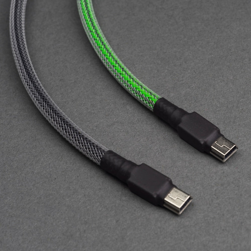 Custom, handmade, artisan Mini USB cables. Made by hand in the UK to your specifications with MDPC-X, Techflex, coils 
